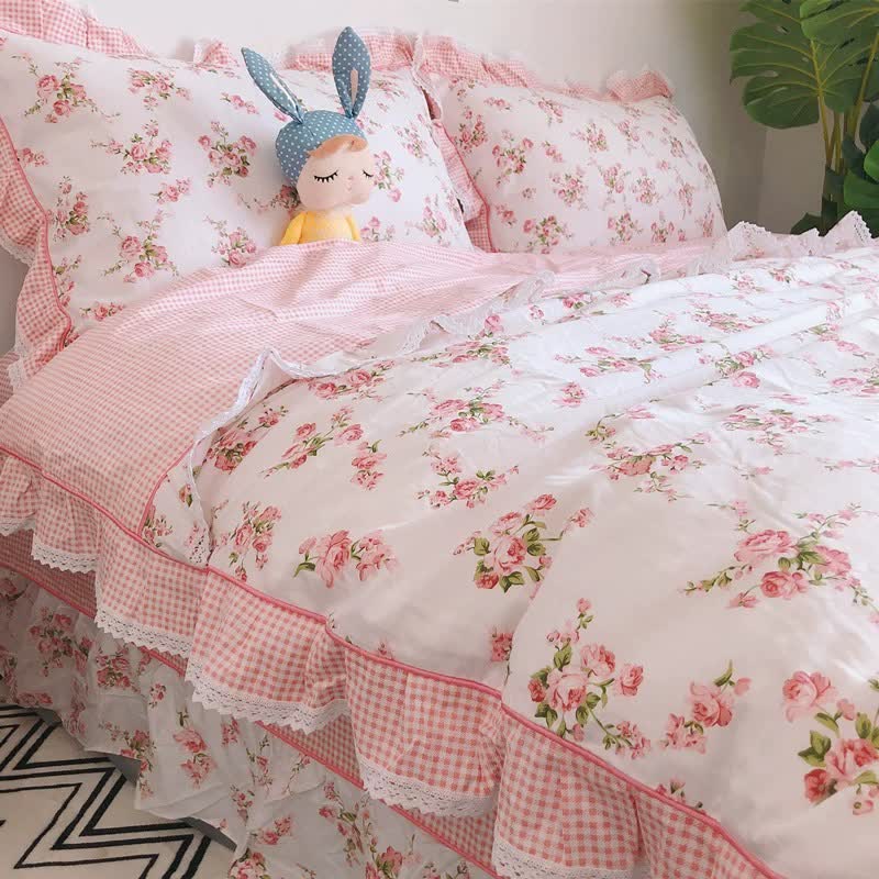 Vintage Floral Ruffle Cotton Bedding Set - MistyRose - 4PCS Bedding Set - Queen - image 0