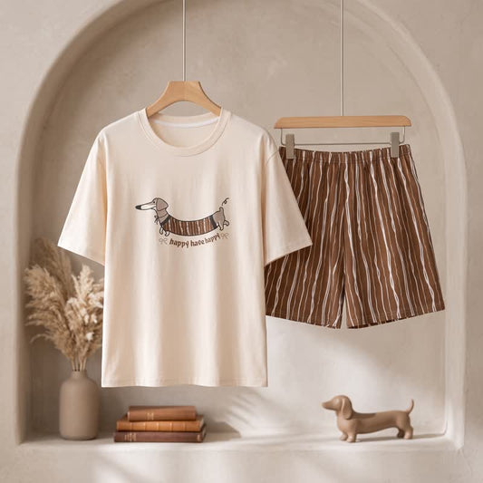 Walking Dachshund Cotton Lounge Set - White & Coffee - 3XL - image 0