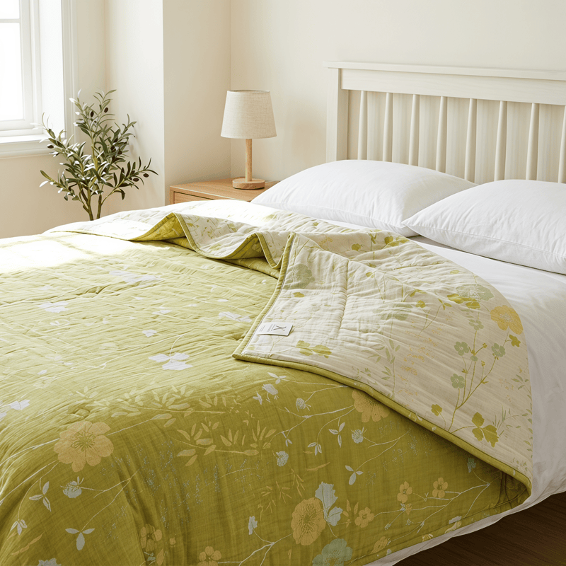 Soft Green Floral Reversible Cotton Quilt - image 2
