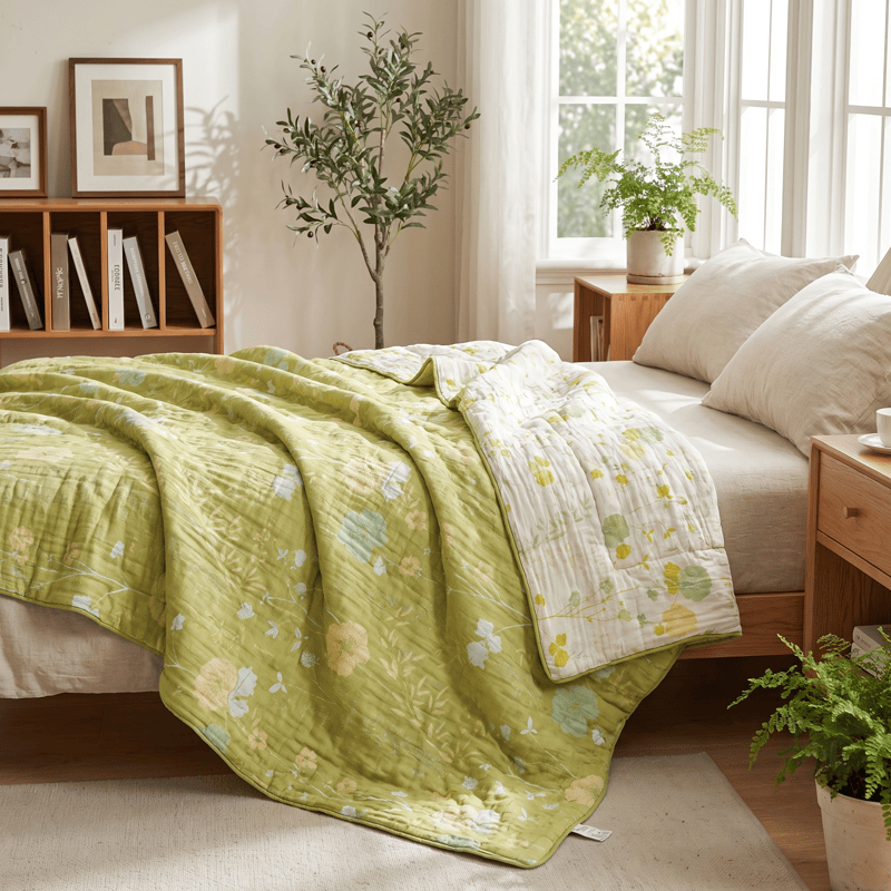 Soft Green Floral Reversible Cotton Quilt - image 1