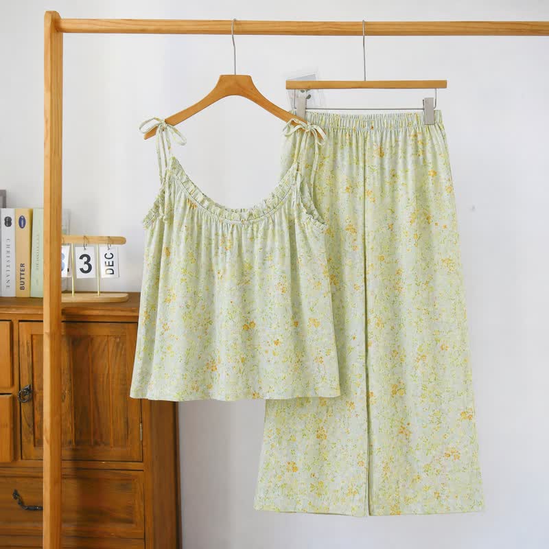 Ditsy Floral Tie Strap Cami Loungewear Set - Green - XL - image 6