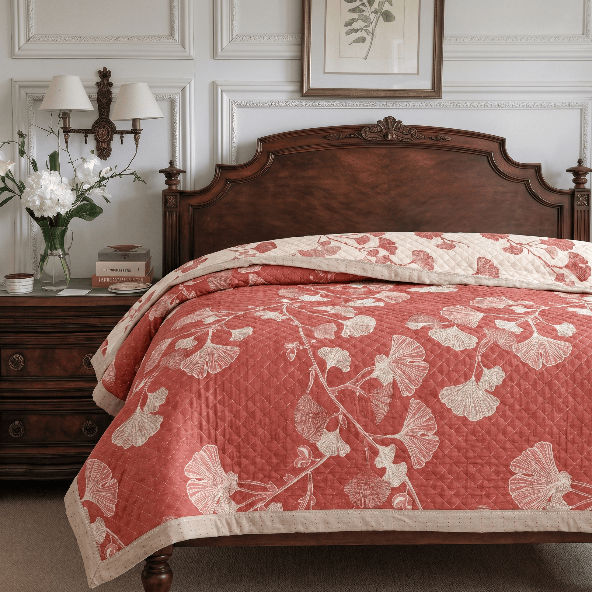 Red Ginkgo Leaf Pattern Cotton Blanket - image 1