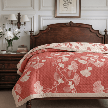 Red Ginkgo Leaf Pattern Cotton Blanket - image 1