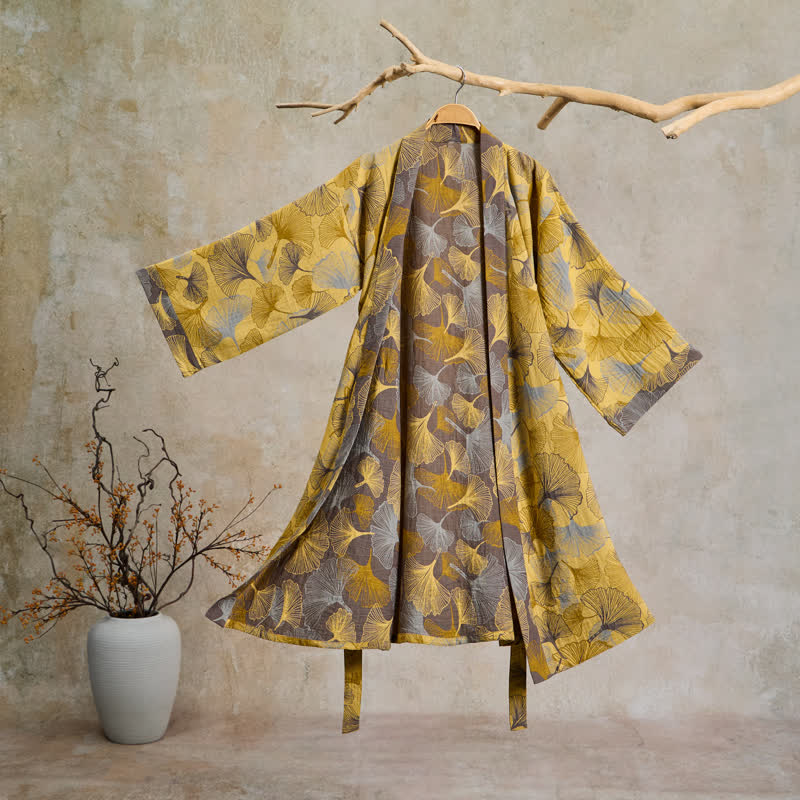 Vintage Ginkgo Leaf Cotton Double Gauze Robe - Yellow - 2XL - image 0