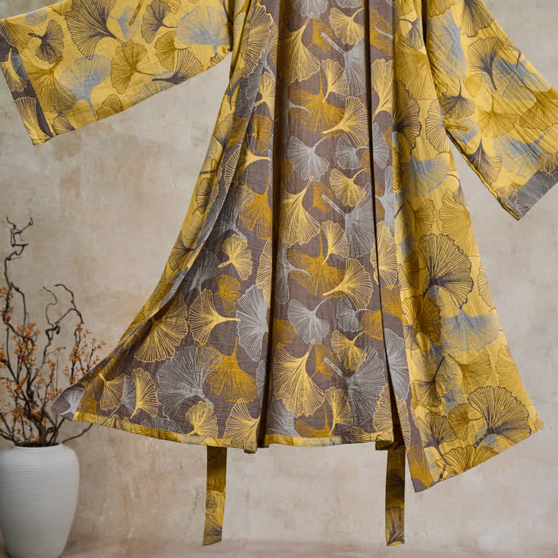 Vintage Ginkgo Leaf Cotton Double Gauze Robe - image 3