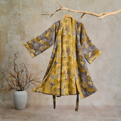 Vintage Ginkgo Leaf Cotton Double Gauze Robe - Light Brown - 2XL - image 6