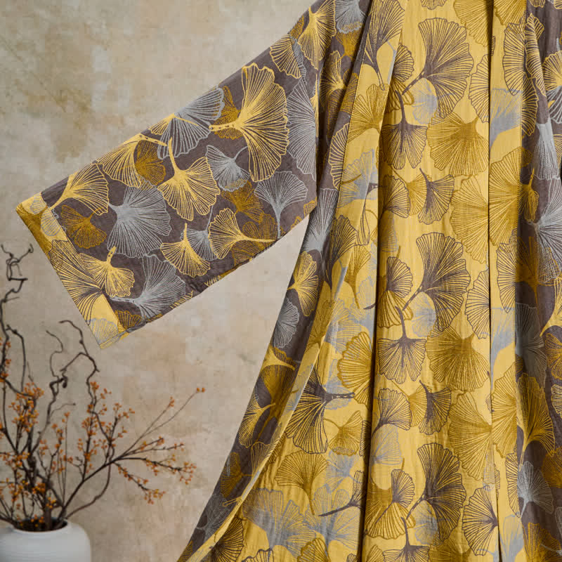 Vintage Ginkgo Leaf Cotton Double Gauze Robe - image 9