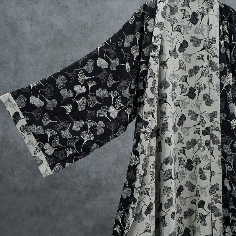 Black White Ginkgo Leaf Cotton Kimono Robe - image 2