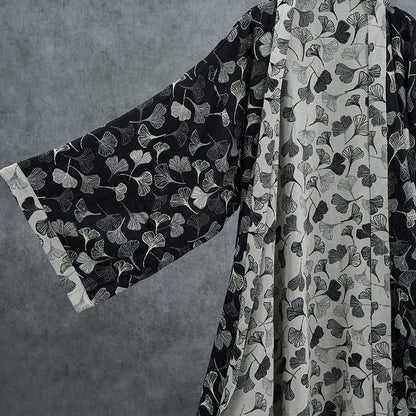 Black White Ginkgo Leaf Cotton Kimono Robe - image 2
