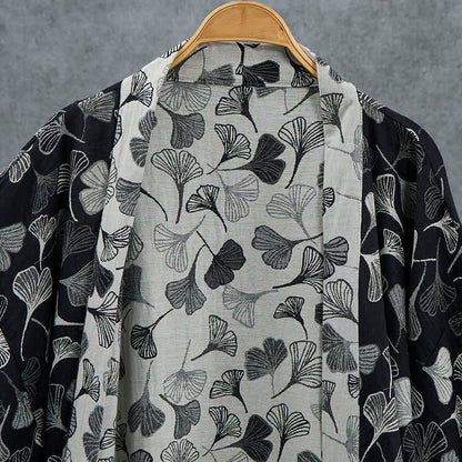 Black White Ginkgo Leaf Cotton Kimono Robe - image 3