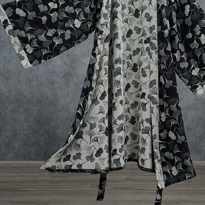 Black White Ginkgo Leaf Cotton Kimono Robe - image 4