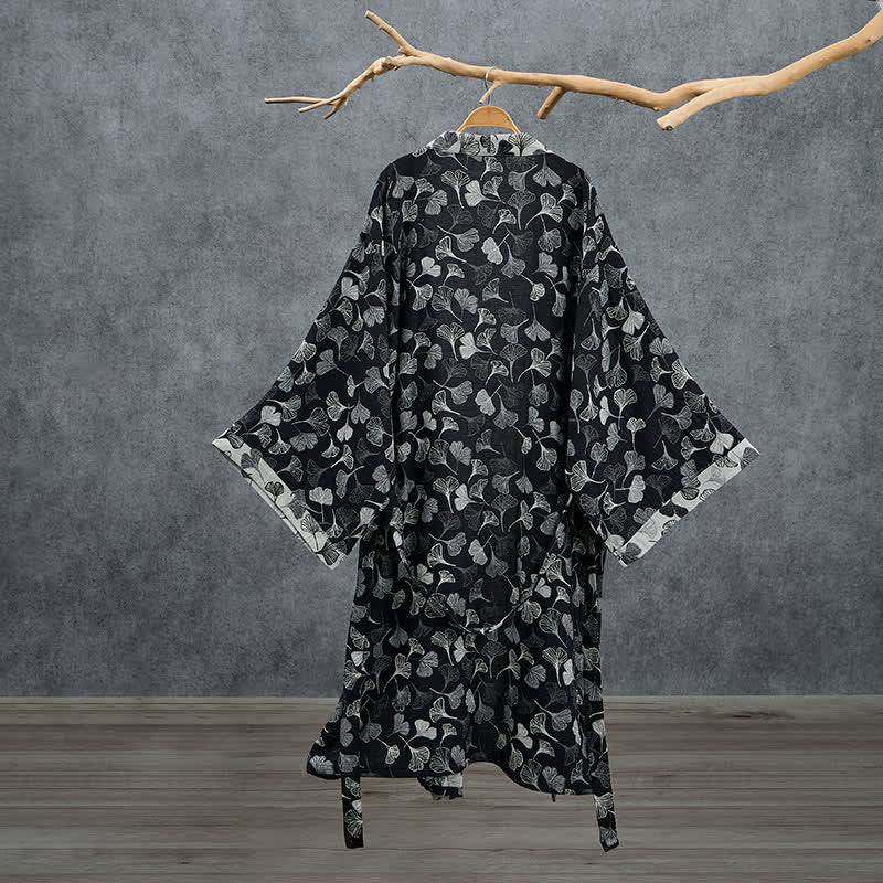 Black White Ginkgo Leaf Cotton Kimono Robe - image 1