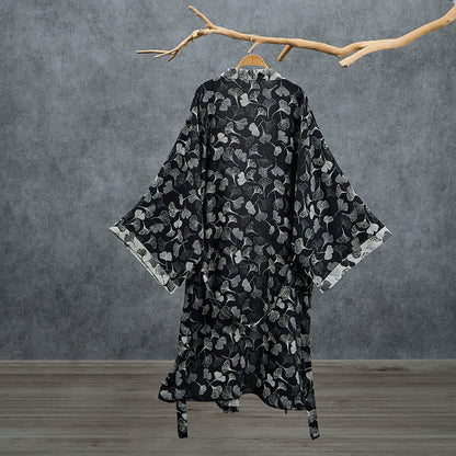 Black White Ginkgo Leaf Cotton Kimono Robe - image 1