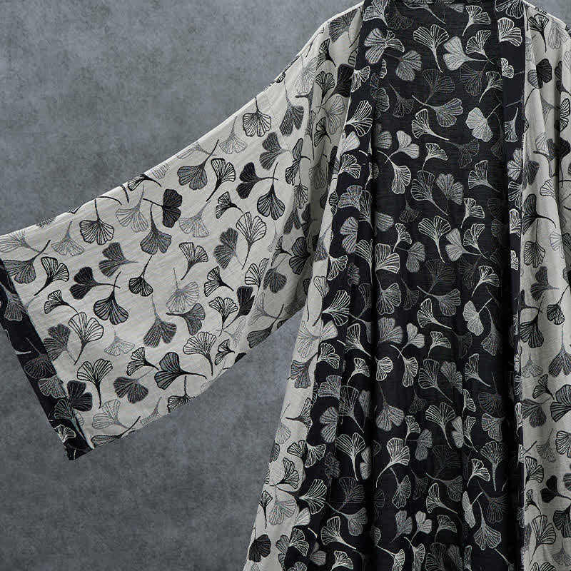 Black White Ginkgo Leaf Cotton Kimono Robe - image 9