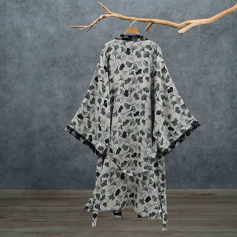 Black White Ginkgo Leaf Cotton Kimono Robe - image 8