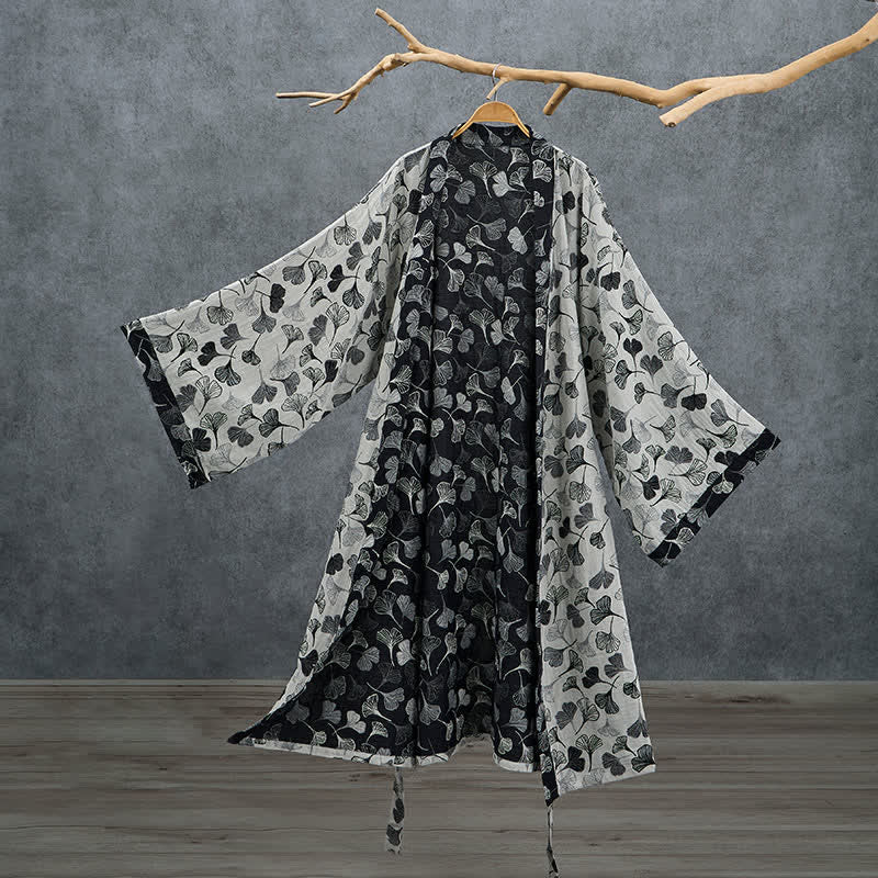 Black White Ginkgo Leaf Cotton Kimono Robe - White - 2XL - image 7