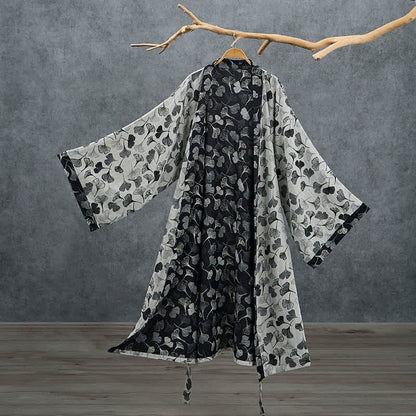 Black White Ginkgo Leaf Cotton Kimono Robe - White - 2XL - image 7