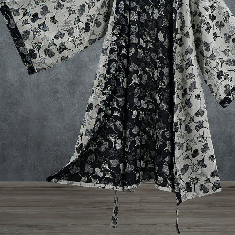 Black White Ginkgo Leaf Cotton Kimono Robe - image 11