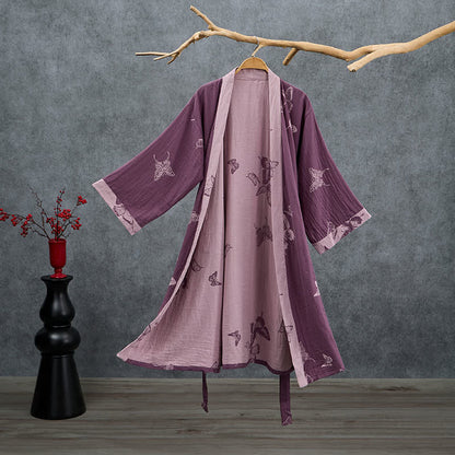 Butterfly Cotton Double Gauze Kimono Robe - Plum Purple - 2XL - image 0