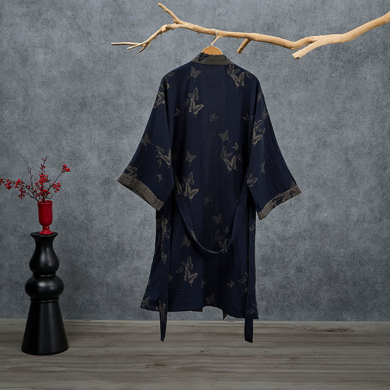 Navy Butterfly Cotton Double Gauze Kimono Robe - image 1