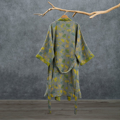 Green Gray Ginkgo Leaf Cotton Kimono Robe - image 8