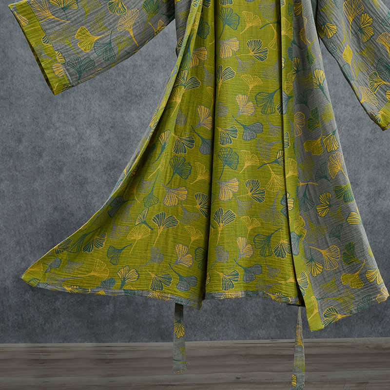 Green Gray Ginkgo Leaf Cotton Kimono Robe - image 11