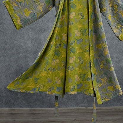 Green Gray Ginkgo Leaf Cotton Kimono Robe - image 11
