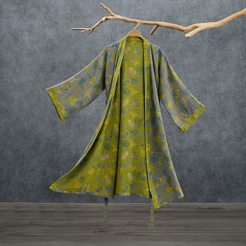 Green Gray Ginkgo Leaf Cotton Kimono Robe - Grey - 2XL - image 7