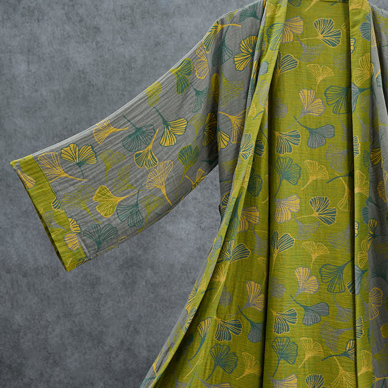 Green Gray Ginkgo Leaf Cotton Kimono Robe - image 9