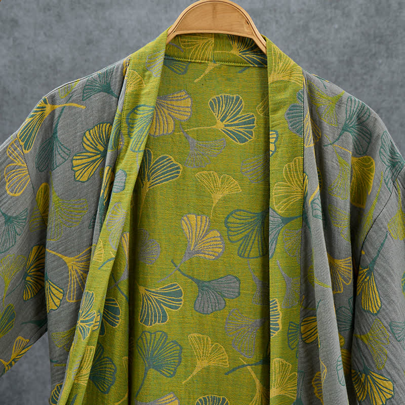 Green Gray Ginkgo Leaf Cotton Kimono Robe - image 10