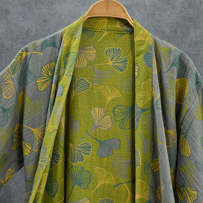 Green Gray Ginkgo Leaf Cotton Kimono Robe - image 10