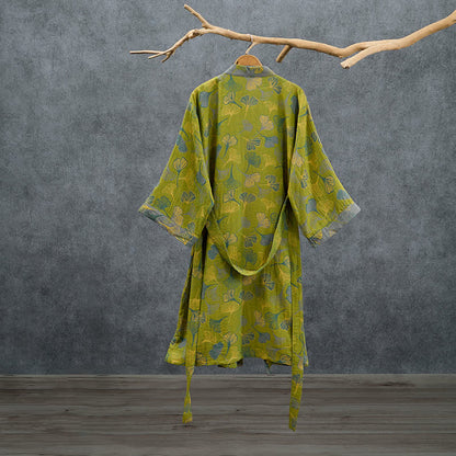 Green Gray Ginkgo Leaf Cotton Kimono Robe - image 1