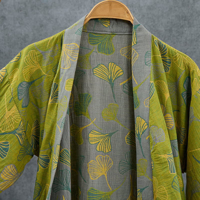 Green Gray Ginkgo Leaf Cotton Kimono Robe - image 3
