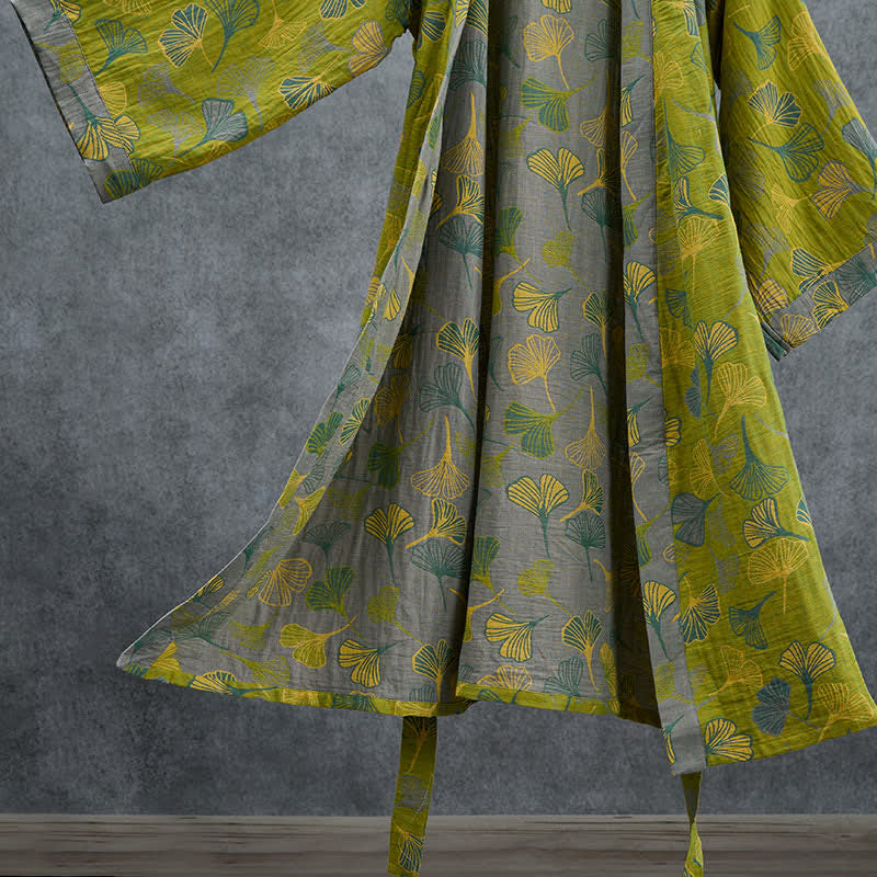 Green Gray Ginkgo Leaf Cotton Kimono Robe - image 4