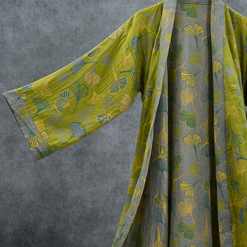 Green Gray Ginkgo Leaf Cotton Kimono Robe - image 2