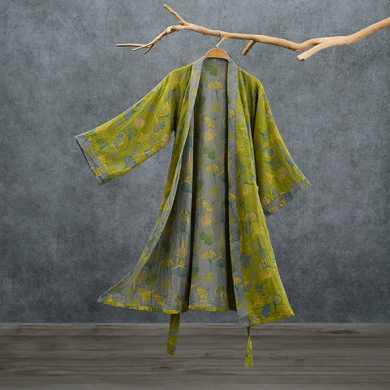 Green Gray Ginkgo Leaf Cotton Kimono Robe - Green - 2XL - image 0