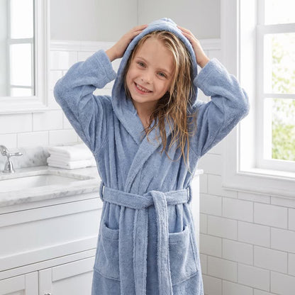 Solid Hooded Cotton Child Bathrobe - Dark Blue - L - image 13
