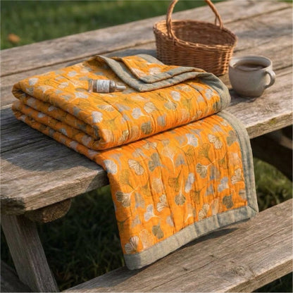 Golden Ginkgo Reversible Cotton Blanket - Orange - 90" x 92" - image 0