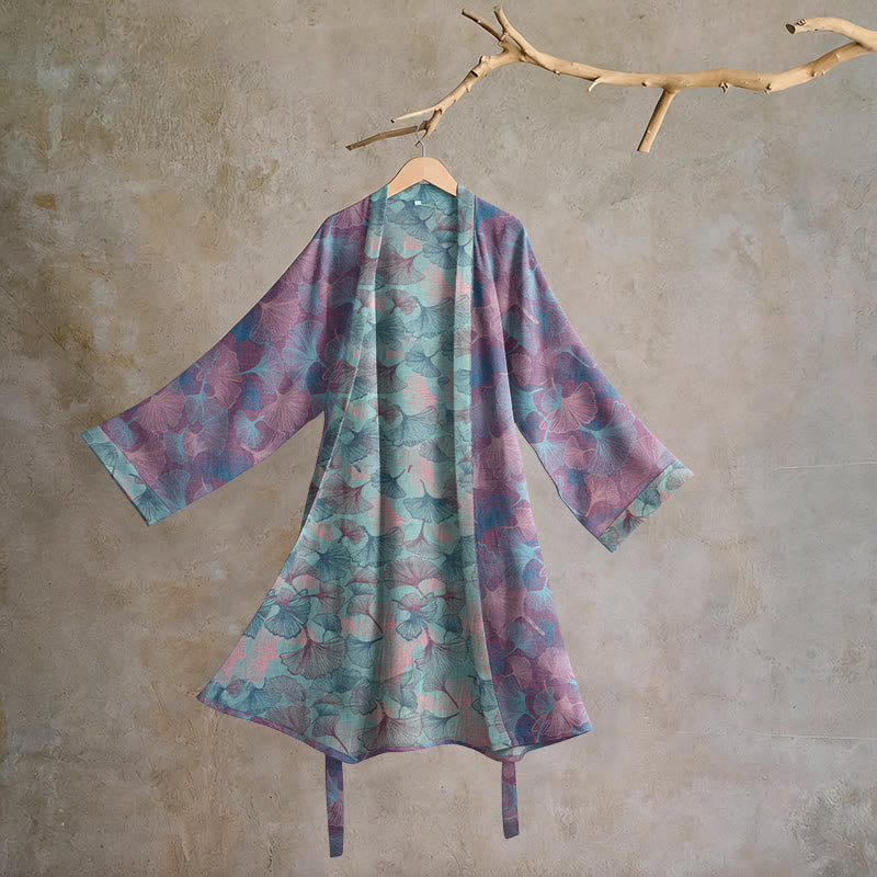 Dreamy Ginkgo Leaf Cotton Kimono Robe - Lavender Mint - 2XL - image 5