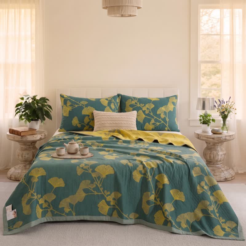 Nordic Ginkgo Leaf Reversible Cotton Quilt - Green - Quilt with 2PCS Pillowcases - Cal King - image 2