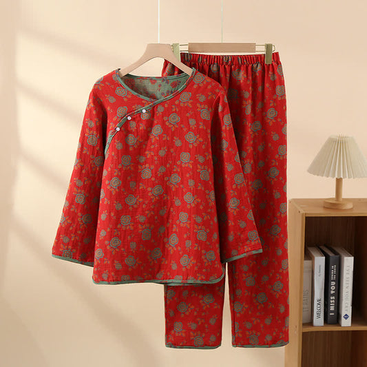 Oriental Side-Button Cotton Floral Pajama Set - Red - XL - image 0