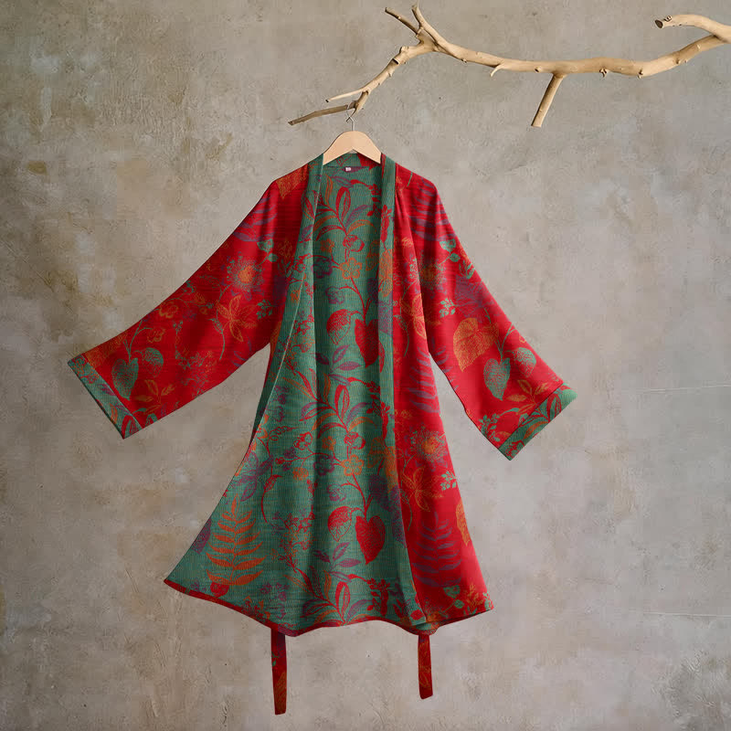Retro Leaf Jacquard Cotton Kimono Robe - Red & Green - 2XL - image 0