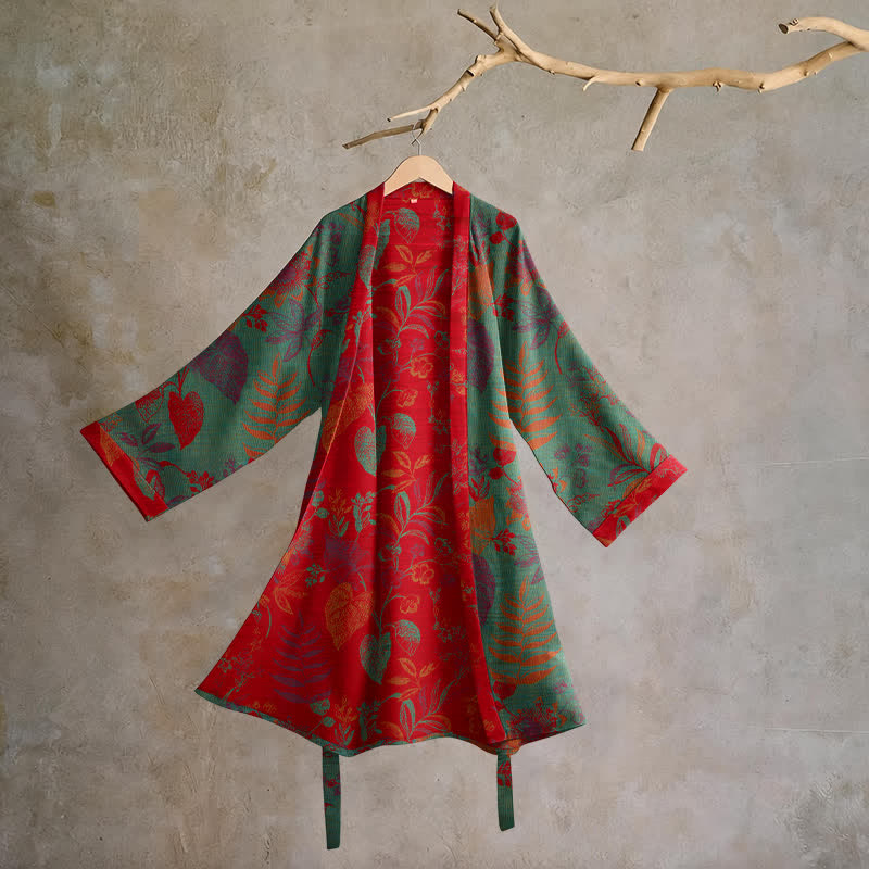 Retro Leaf Jacquard Cotton Kimono Robe - Green & Red - 2XL - image 5