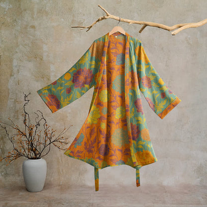 Vintage Floral Cotton Robe - Teal & Orange - 2XL - image 5