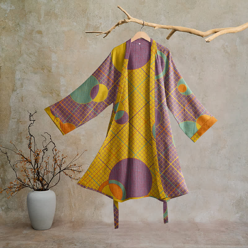 Retro Geometric Circle Cotton Robe - Purple & Yellow - 2XL - image 0