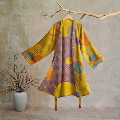 Retro Geometric Circle Cotton Robe - Yellow & Purple - 2XL - image 5