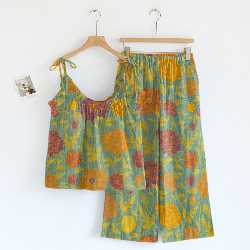 Retro Peony Cotton Cami Loungewear Set - Teal & Orange - XL - image 4