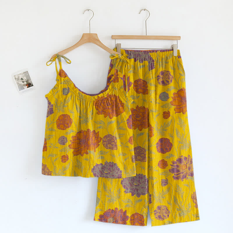 Retro Peony Cotton Cami Loungewear Set - Yellow & Purple - XL - image 8