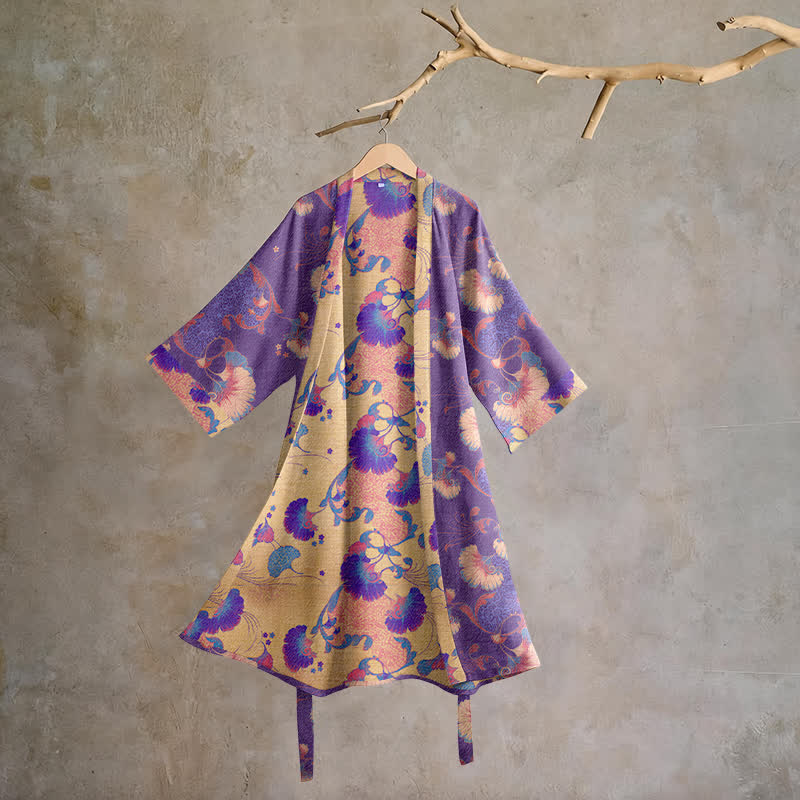 Floral Cotton Gauze Kimono Lounge Robe - Purple - XL - image 0