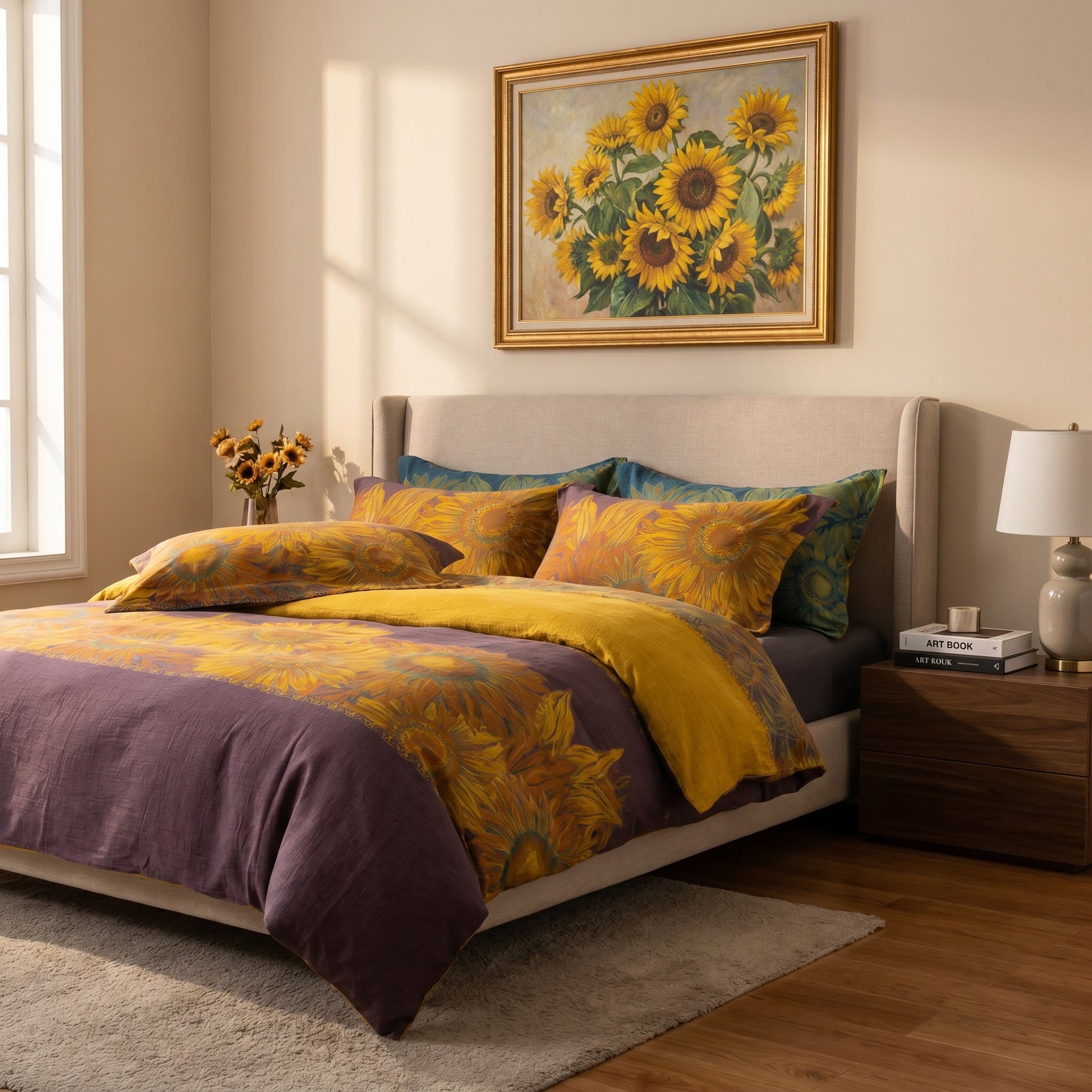 Vintage Sunflower Cotton Gauze Bedding Set - Purple & Yellow - King - image 8